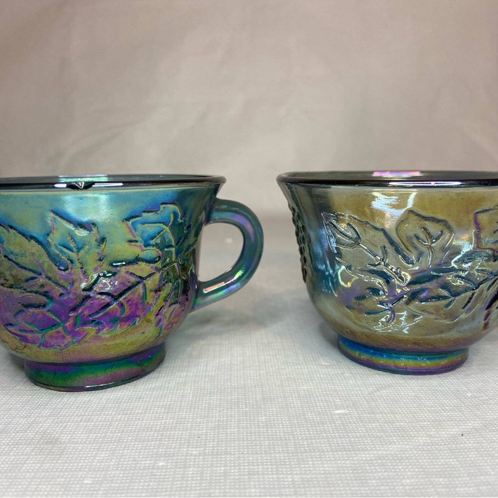 Indiana Glass Iridescent Creamer and Sugar Set in Blue, Purple, Gold